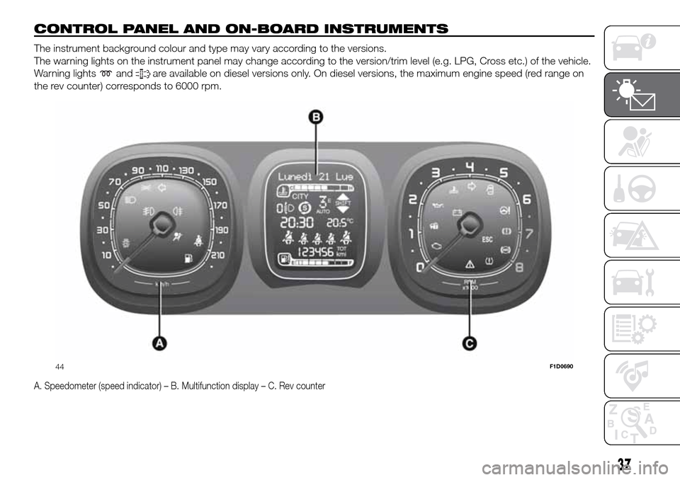 FIAT PANDA 2017 319 / 3.G Owners Manual CONTROL PANEL AND ON-BOARD INSTRUMENTS.
The instrument background colour and type may vary according to the versions.
The warning lights on the instrument panel may change according to the version/tri