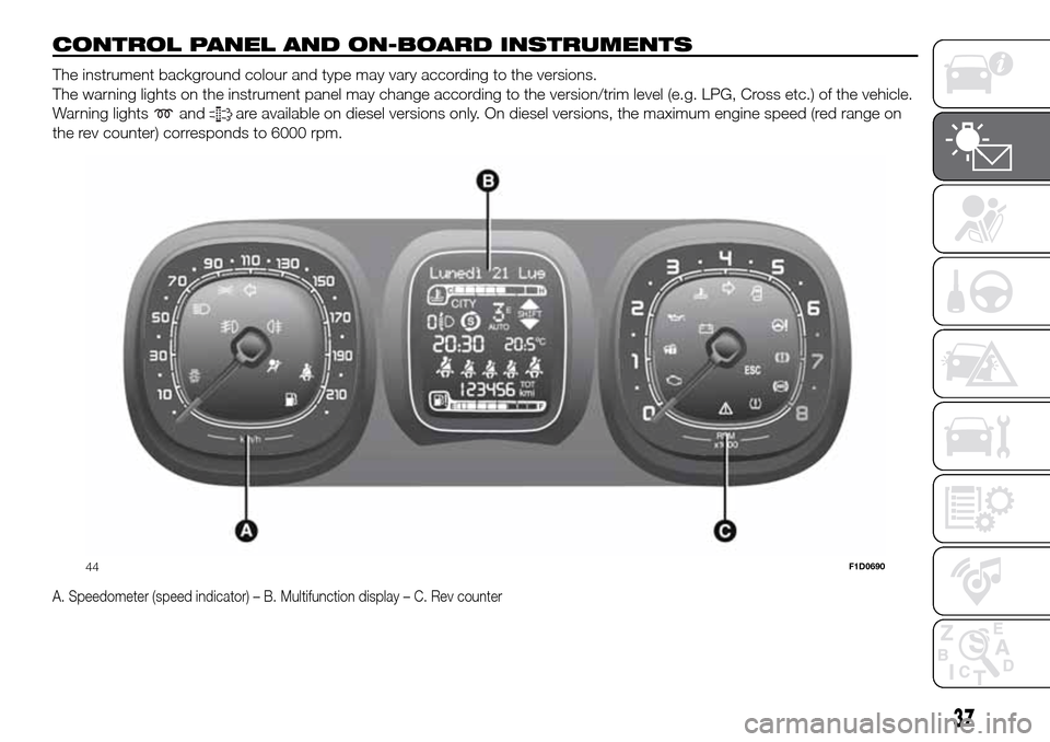 FIAT PANDA 2017 319 / 3.G Owners Guide CONTROL PANEL AND ON-BOARD INSTRUMENTS.
The instrument background colour and type may vary according to the versions.
The warning lights on the instrument panel may change according to the version/tri FIAT PANDA 2017 319 / 3.G Owners Guide CONTROL PANEL AND ON-BOARD INSTRUMENTS.
The instrument background colour and type may vary according to the versions.
The warning lights on the instrument panel may change according to the version/tri