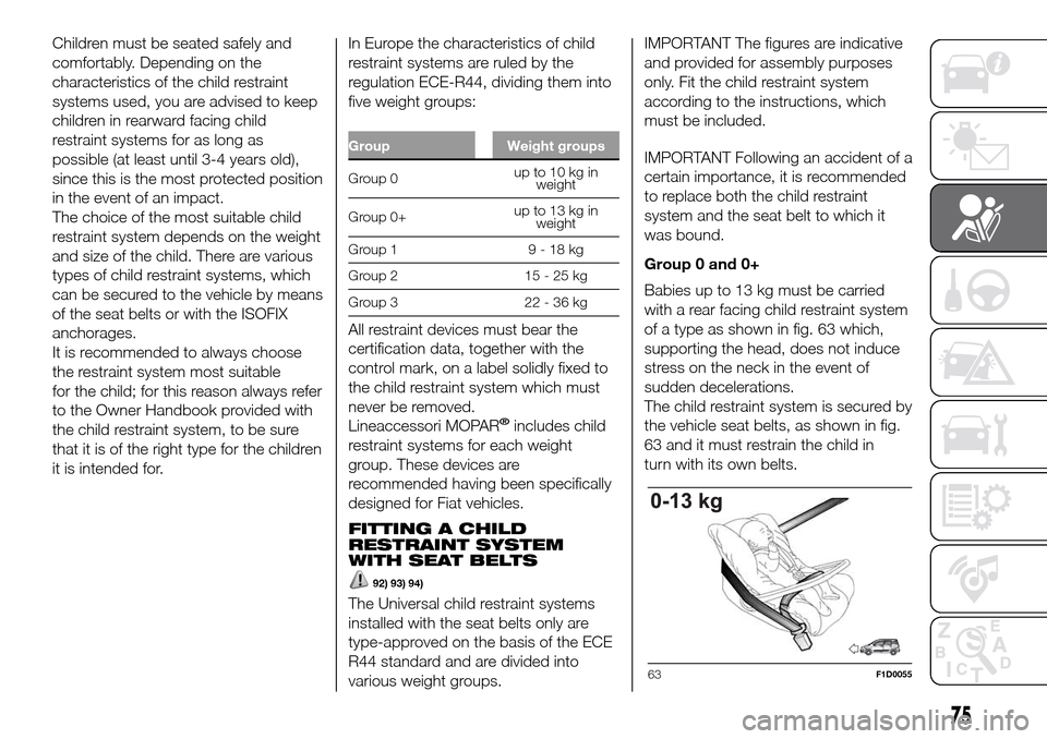 FIAT PANDA 2017 319 / 3.G Owners Manual Children must be seated safely and
comfortably. Depending on the
characteristics of the child restraint
systems used, you are advised to keep
children in rearward facing child
restraint systems for as