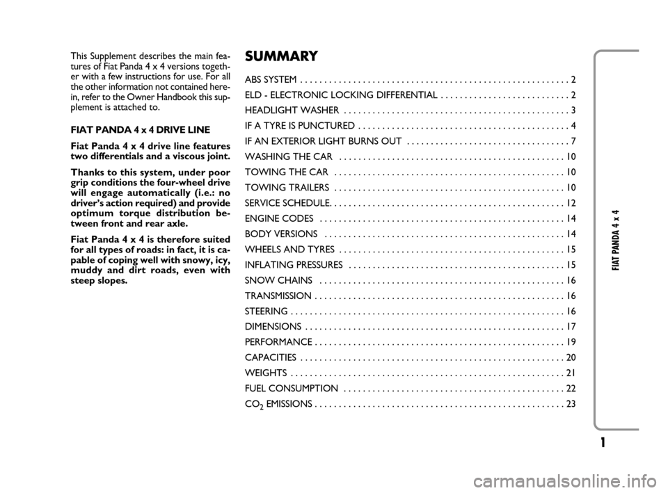 FIAT PANDA 2007 169 / 2.G 4x4 Supplement Manual 1
FIAT PANDA 4 x 4
This Supplement describes the main fea-
tures of Fiat Panda 4 x 4 versions togeth-
er with a few instructions for use. For all
the other information not contained here-
in, refer to FIAT PANDA 2007 169 / 2.G 4x4 Supplement Manual 1
FIAT PANDA 4 x 4
This Supplement describes the main fea-
tures of Fiat Panda 4 x 4 versions togeth-
er with a few instructions for use. For all
the other information not contained here-
in, refer to