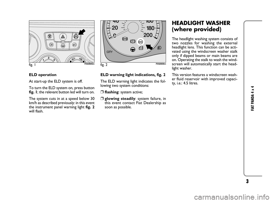 FIAT PANDA 2007 169 / 2.G 4x4 Supplement Manual 3
FIAT PANDA 4 x 4
ELD operation
At start-up the ELD system is off.
To turn the ELD system on, press button
fig. 1; the relevant button led will turn on.
The system cuts in at a speed below 30
km/h as FIAT PANDA 2007 169 / 2.G 4x4 Supplement Manual 3
FIAT PANDA 4 x 4
ELD operation
At start-up the ELD system is off.
To turn the ELD system on, press button
fig. 1; the relevant button led will turn on.
The system cuts in at a speed below 30
km/h as