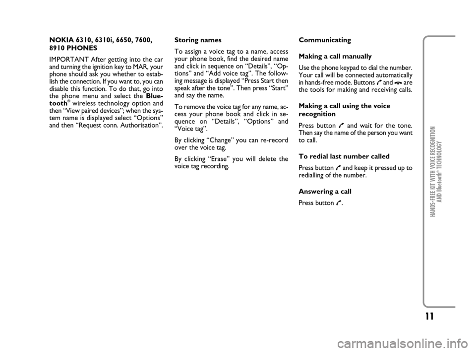 FIAT PANDA 2007 169 / 2.G Bluetooth Manual 11
HANDS-FREE KIT WITH VOICE RECOGNITION 
AND Bluetooth
®TECHNOLOGY
NOKIA 6310, 6310i, 6650, 7600,
8910 PHONES
IMPORTANT After getting into the car
and turning the ignition key to MAR, your
phone sho