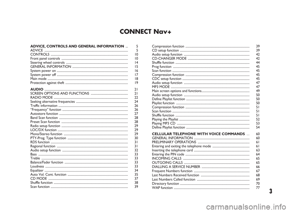 FIAT PANDA 2007 169 / 2.G Connect NavPlus Manual 3
CONNECT Nav+
ADVICE, CONTROLS AND GENERAL INFORMATION... 5
ADVICE ............................................................................................................ 5
CONTROLS ............