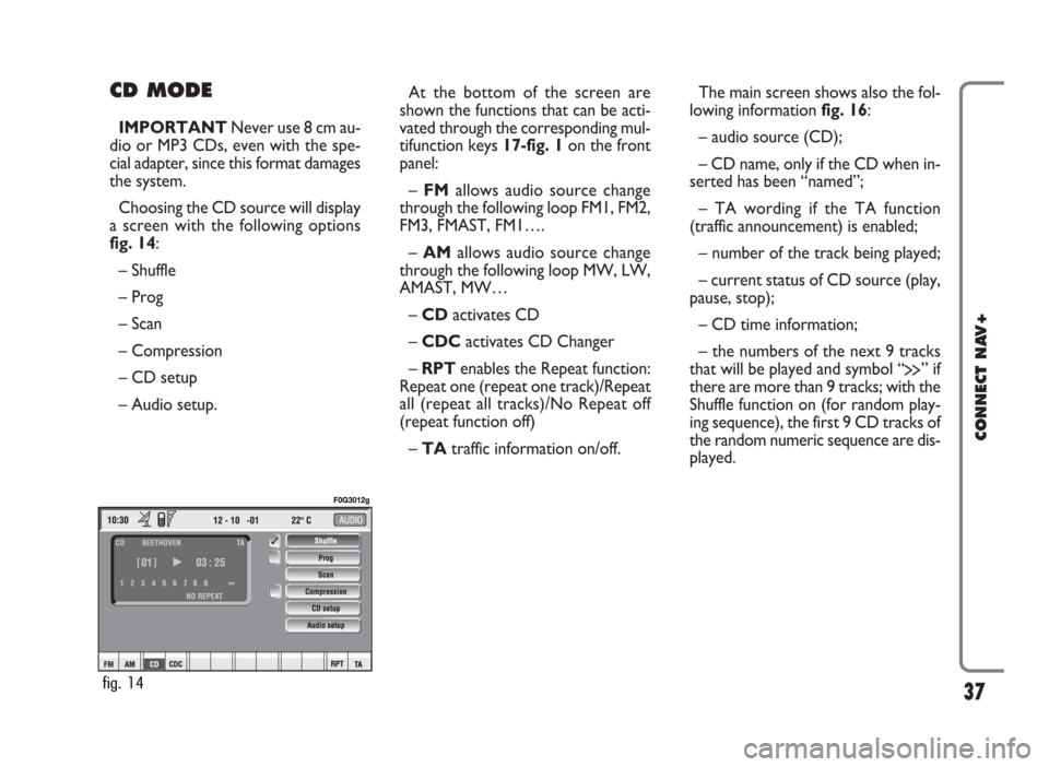 FIAT PANDA 2007 169 / 2.G Connect NavPlus Manual CD MODE
IMPORTANTNever use 8 cm au-
dio or MP3 CDs, even with the spe-
cial adapter, since this format damages
the system.
Choosing the CD source will display
a screen with the following options
fig. FIAT PANDA 2007 169 / 2.G Connect NavPlus Manual CD MODE
IMPORTANTNever use 8 cm au-
dio or MP3 CDs, even with the spe-
cial adapter, since this format damages
the system.
Choosing the CD source will display
a screen with the following options
fig.