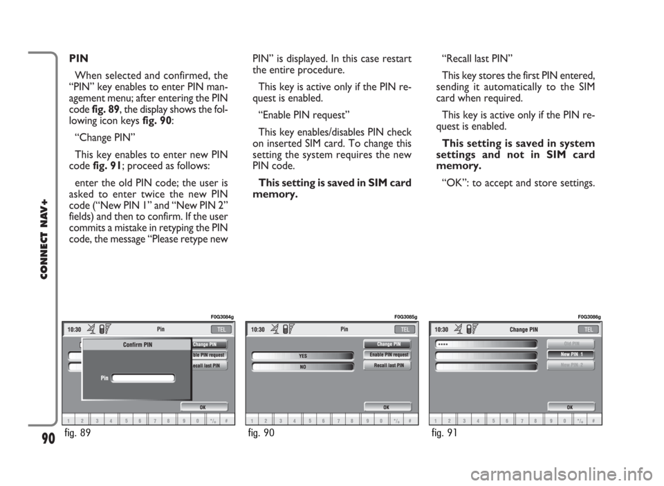 FIAT PANDA 2007 169 / 2.G Connect NavPlus Manual PIN
When selected and confirmed, the
“PIN” key enables to enter PIN man-
agement menu; after entering the PIN
code fig. 89, the display shows the fol-
lowing icon keysfig. 90:
“Change PIN”
Thi