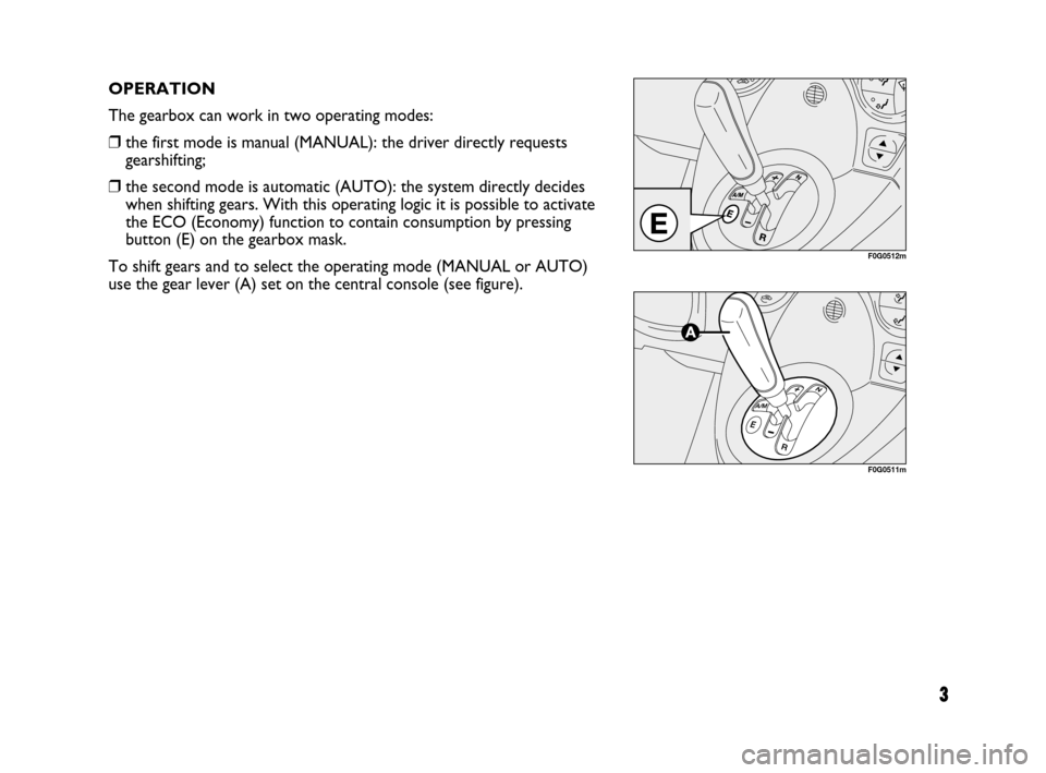 FIAT PANDA 2007 169 / 2.G Dualogic Transmission Manual 3
OPERATION
The gearbox can work in two operating modes:
❒the first mode is manual (MANUAL): the driver directly requests
gearshifting;
❒the second mode is automatic (AUTO): the system directly d FIAT PANDA 2007 169 / 2.G Dualogic Transmission Manual 3
OPERATION
The gearbox can work in two operating modes:
❒the first mode is manual (MANUAL): the driver directly requests
gearshifting;
❒the second mode is automatic (AUTO): the system directly d
