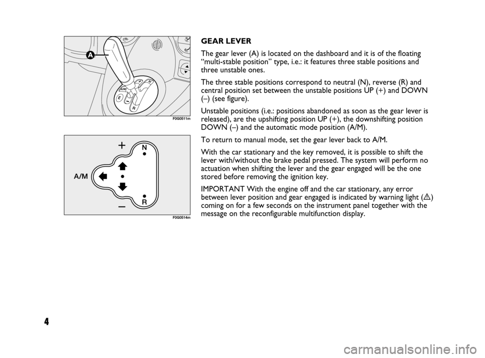 FIAT PANDA 2007 169 / 2.G Dualogic Transmission Manual 4
GEAR LEVER
The gear lever (A) is located on the dashboard and it is of the floating
“multi-stable position” type, i.e.: it features three stable positions and
three unstable ones.
The three sta FIAT PANDA 2007 169 / 2.G Dualogic Transmission Manual 4
GEAR LEVER
The gear lever (A) is located on the dashboard and it is of the floating
“multi-stable position” type, i.e.: it features three stable positions and
three unstable ones.
The three sta