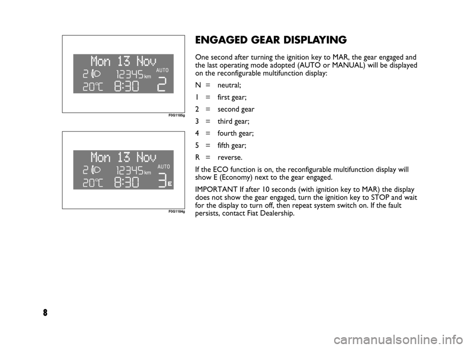 FIAT PANDA 2007 169 / 2.G Dualogic Transmission Manual 8
ENGAGED GEAR DISPLAYING
One second after turning the ignition key to MAR, the gear engaged and
the last operating mode adopted (AUTO or MANUAL) will be displayed
on the reconfigurable multifunction 