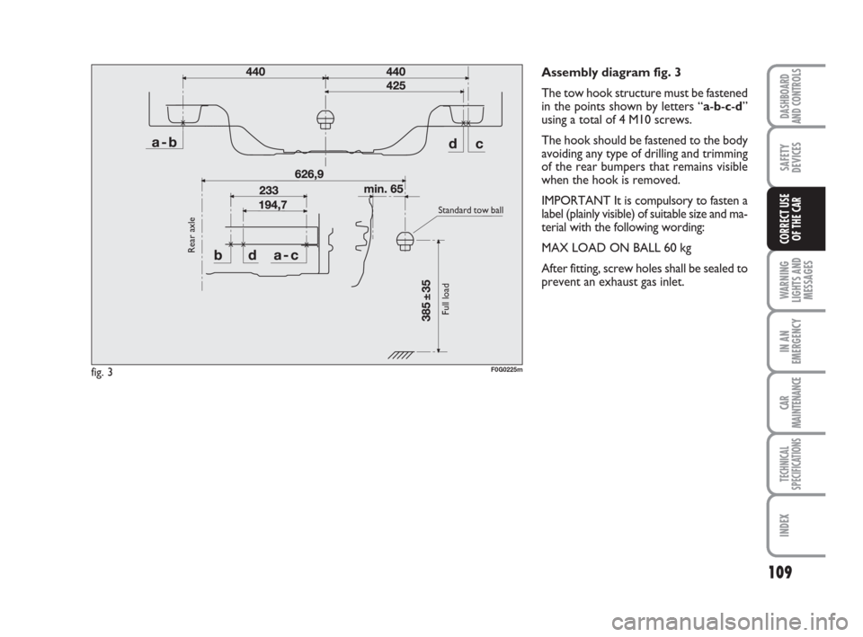 FIAT PANDA 2007 169 / 2.G Owners Manual Assembly diagram fig. 3
The tow hook structure must be fastened
in the points shown by letters “a-b-c-d”
using a total of 4 M10 screws.
The hook should be fastened to the body
avoiding any type of