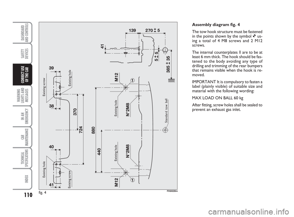 FIAT PANDA 2007 169 / 2.G Owners Manual Assembly diagram fig. 4
The tow hook structure must be fastened
in the points shown by the symbol Øus-
ing a total of 4 M8 screws and 2 M12
screws.
The internal counterplates 1are to be at
least 6 mm