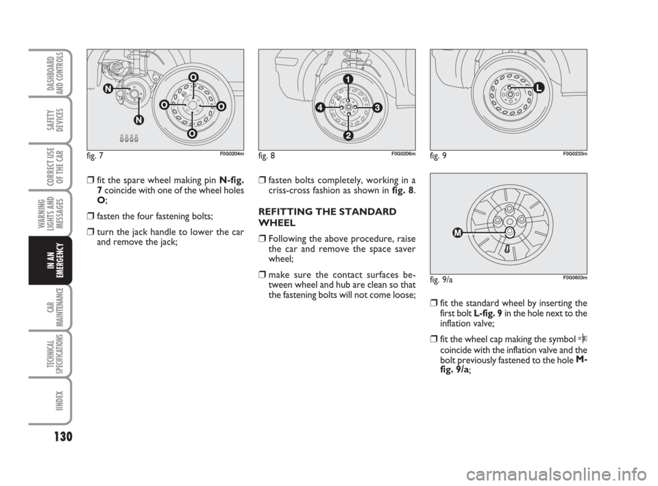 FIAT PANDA 2007 169 / 2.G Owners Manual ❒fasten bolts completely, working in a
criss-cross fashion as shown in fig. 8.
REFITTING THE STANDARD
WHEEL
❒Following the above procedure, raise
the car and remove the space saver
wheel;
❒make FIAT PANDA 2007 169 / 2.G Owners Manual ❒fasten bolts completely, working in a
criss-cross fashion as shown in fig. 8.
REFITTING THE STANDARD
WHEEL
❒Following the above procedure, raise
the car and remove the space saver
wheel;
❒make
