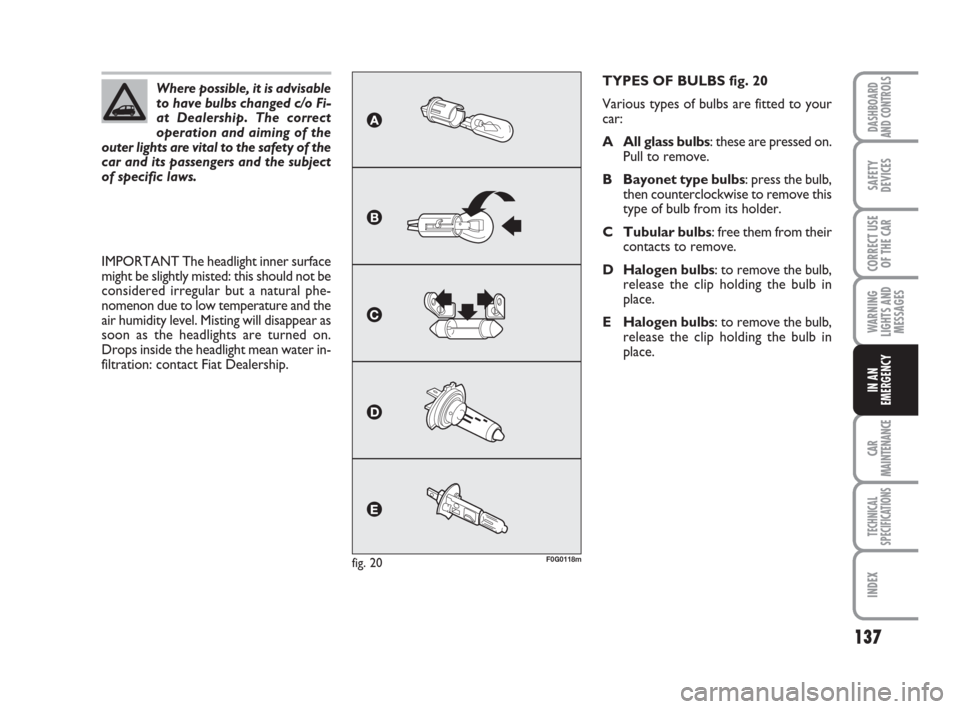 FIAT PANDA 2007 169 / 2.G Owners Manual 137
WARNING
LIGHTS AND
MESSAGES
CAR
MAINTENANCE
TECHNICAL
SPECIFICATIONS
INDEX
DASHBOARD
AND CONTROLS
SAFETY
DEVICES
CORRECT USE
OF THE CAR
IN AN
EMERGENCY
TYPES OF BULBS fig. 20
Various types of bulb