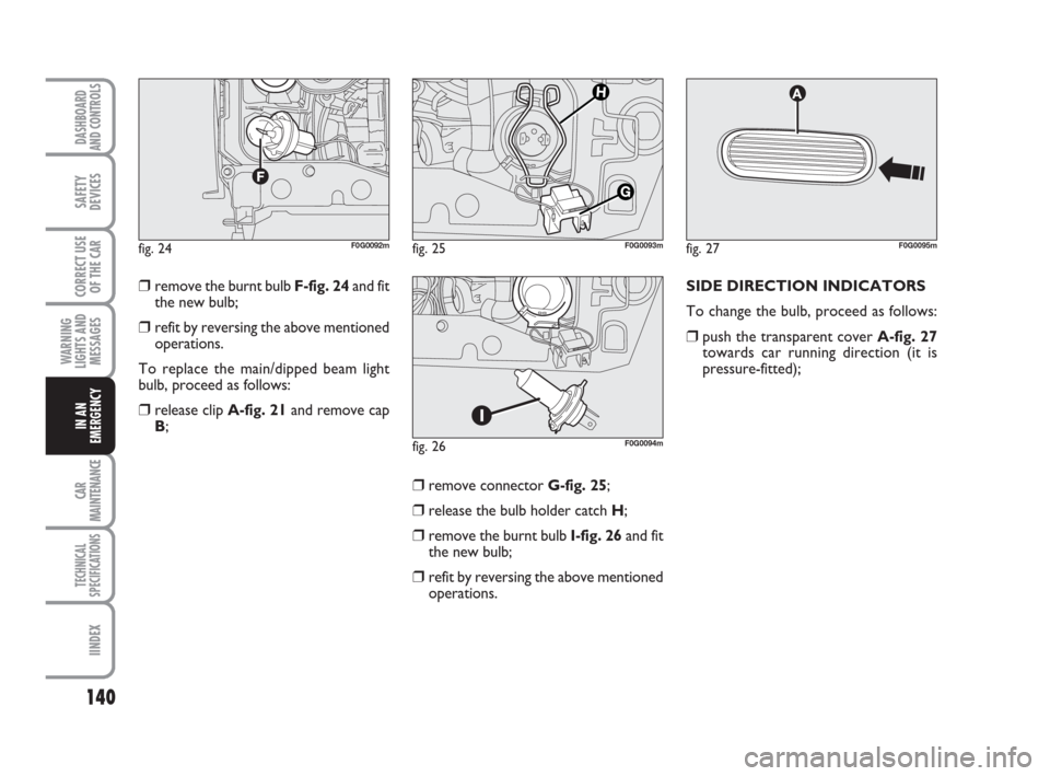 FIAT PANDA 2007 169 / 2.G Owners Manual SIDE DIRECTION INDICATORS
To change the bulb, proceed as follows:
❒push the transparent cover A-fig. 27
towards car running direction (it is
pressure-fitted);
❒remove connector G-fig. 25;
❒relea