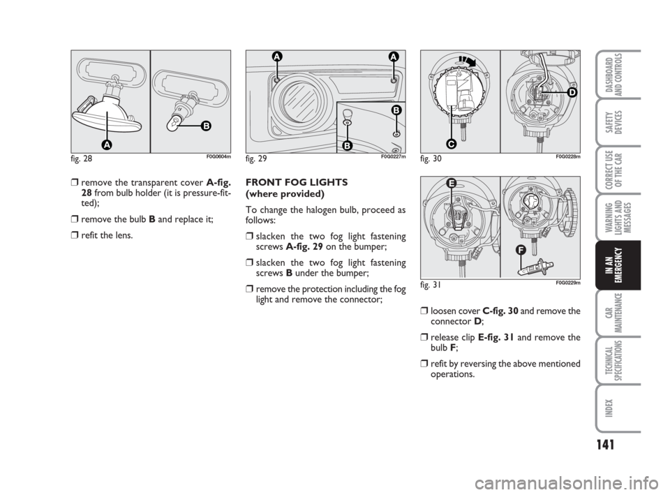 FIAT PANDA 2007 169 / 2.G Owners Manual 141
WARNING
LIGHTS AND
MESSAGES
CAR
MAINTENANCE
TECHNICAL
SPECIFICATIONS
INDEX
DASHBOARD
AND CONTROLS
SAFETY
DEVICES
CORRECT USE
OF THE CAR
IN AN
EMERGENCY
❒remove the transparent cover A-fig.
28fro