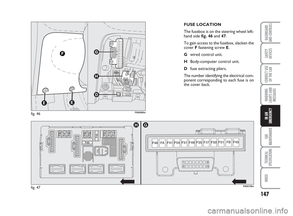 FIAT PANDA 2007 169 / 2.G Owners Manual 147
WARNING
LIGHTS AND
MESSAGES
CAR
MAINTENANCE
TECHNICAL
SPECIFICATIONS
INDEX
DASHBOARD
AND CONTROLS
SAFETY
DEVICES
CORRECT USE
OF THE CAR
IN AN
EMERGENCY
FUSE LOCATION
The fusebox is on the steering