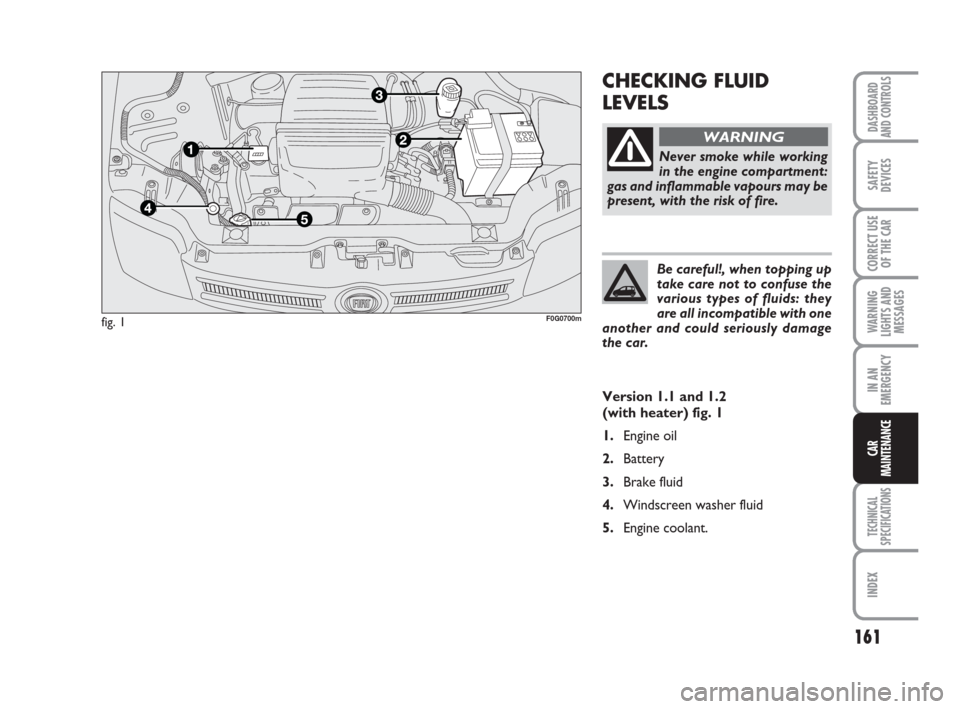 FIAT PANDA 2007 169 / 2.G Owners Manual CHECKING FLUID
LEVELS
fig. 1
161
WARNING
LIGHTS AND
MESSAGES
TECHNICAL
SPECIFICATIONS
INDEX
DASHBOARD
AND CONTROLS
SAFETY
DEVICES
CORRECT USE
OF THE CAR
IN AN
EMERGENCY
CAR
MAINTENANCE
Never smoke whi