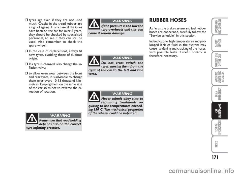FIAT PANDA 2007 169 / 2.G Owners Manual 171
WARNING
LIGHTS AND
MESSAGES
TECHNICAL
SPECIFICATIONS
INDEX
DASHBOARD
AND CONTROLS
SAFETY
DEVICES
CORRECT USE
OF THE CAR
IN AN
EMERGENCY
CAR
MAINTENANCE
RUBBER HOSES
As far as the brake system and 