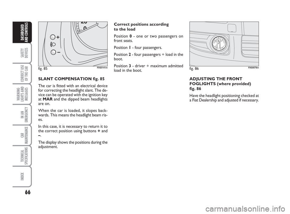 FIAT PANDA 2007 169 / 2.G Owners Manual 66
SAFETY
DEVICES
CORRECT USE
OF THE CAR
WARNING
LIGHTS AND
MESSAGES
IN AN
EMERGENCY
CAR
MAINTENANCE
TECHNICAL
SPECIFICATIONS
INDEX
DASHBOARD
AND CONTROLS
SLANT COMPENSATION fig. 85
The car is fitted 