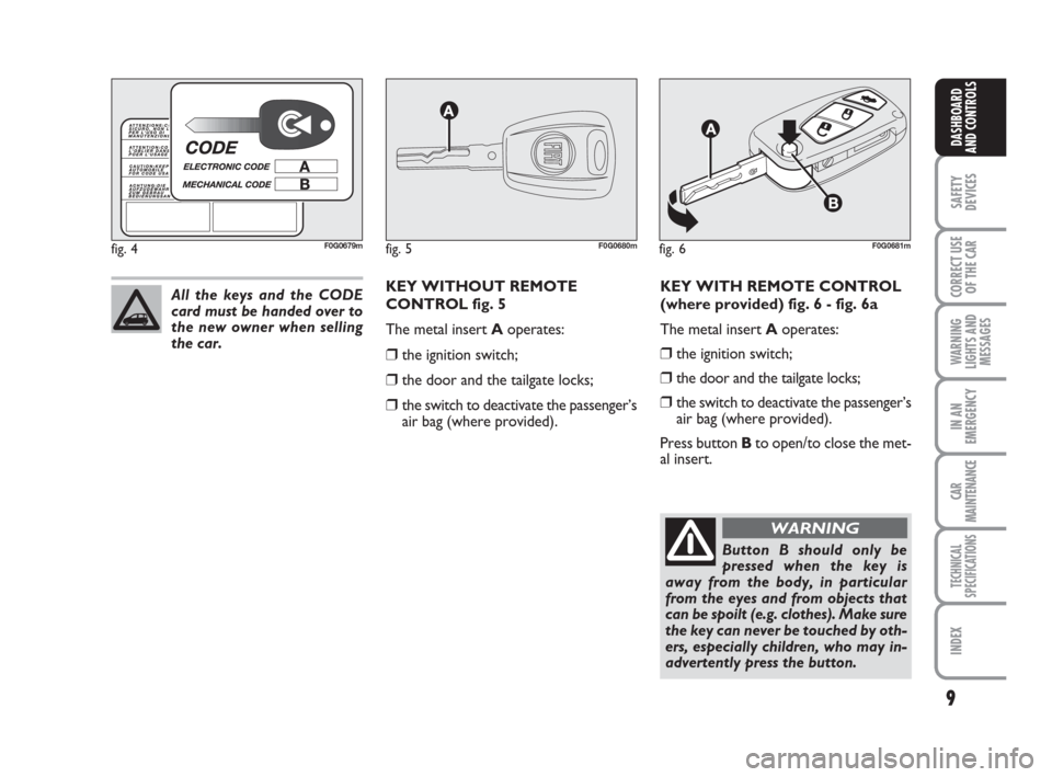 FIAT PANDA 2007 169 / 2.G Owners Manual KEY WITH REMOTE CONTROL
(where provided) fig. 6 - fig. 6a
The metal insert Aoperates:
❒the ignition switch;
❒the door and the tailgate locks;
❒the switch to deactivate the passenger’s
air bag FIAT PANDA 2007 169 / 2.G Owners Manual KEY WITH REMOTE CONTROL
(where provided) fig. 6 - fig. 6a
The metal insert Aoperates:
❒the ignition switch;
❒the door and the tailgate locks;
❒the switch to deactivate the passenger’s
air bag