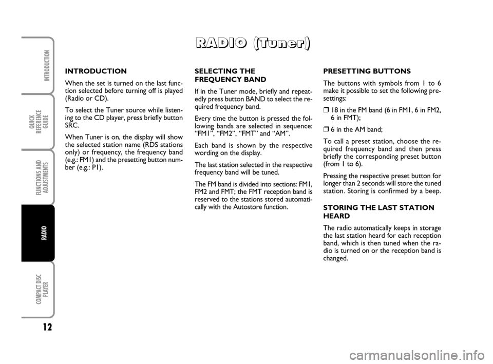 FIAT PANDA 2007 169 / 2.G Radio CD Manual QUICK
REFERENCE
GUIDE
12
COMPACT DISC
PLAYER
INTRODUCTION
FUNCTIONS AND
ADJUSTMENTS
RADIO
SELECTING THE
FREQUENCY BAND
If in the Tuner mode, briefly and repeat-
edly press button BAND to select the FIAT PANDA 2007 169 / 2.G Radio CD Manual QUICK
REFERENCE
GUIDE
12
COMPACT DISC
PLAYER
INTRODUCTION
FUNCTIONS AND
ADJUSTMENTS
RADIO
SELECTING THE
FREQUENCY BAND
If in the Tuner mode, briefly and repeat-
edly press button BAND to select the