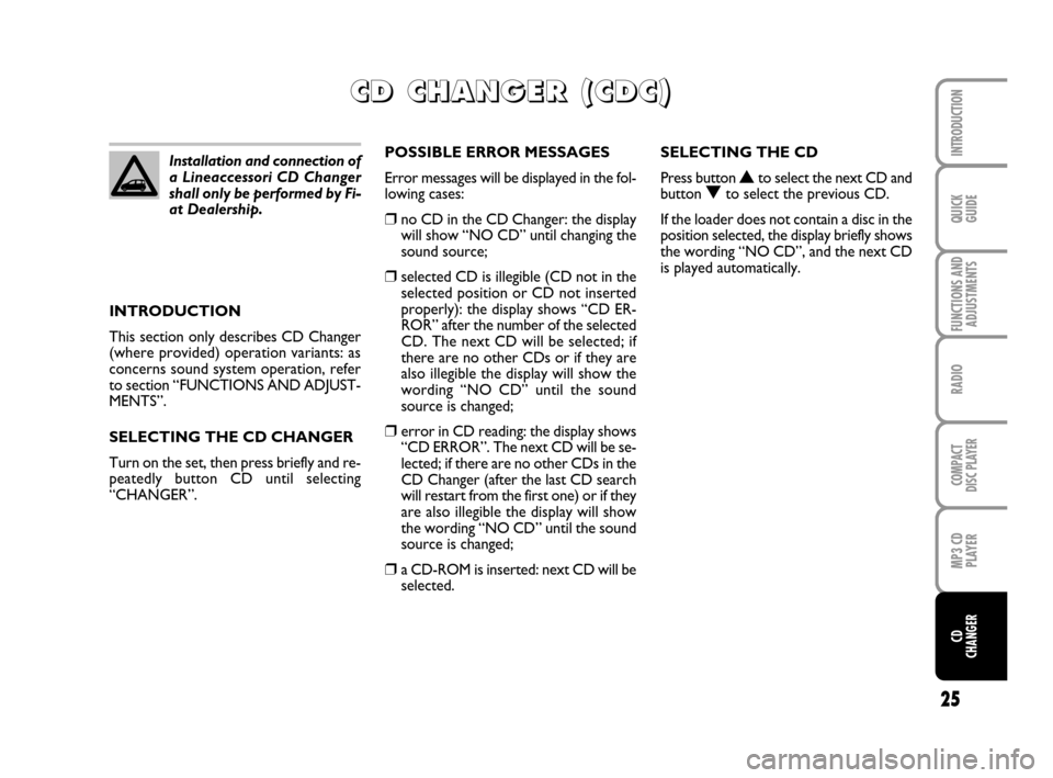 FIAT PANDA 2007 169 / 2.G Radio CD MP3 Manual 25
QUICK
GUIDE
FUNCTIONS AND
ADJUSTMENTS
RADIO
COMPACT
DISC PLAYER
MP3 CD
PLAYER
CD
CHANGER
INTRODUCTION
INTRODUCTION
This section only describes CD Changer
(where provided) operation variants: as
con
