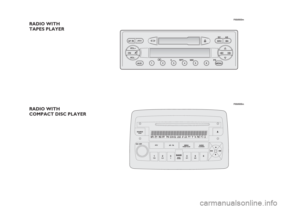 FIAT PANDA 2007 169 / 2.G Radio CD Tape Manual RADIO WITH
TAPES PLAYER
RADIO WITH
COMPACT DISC PLAYER
F0G0503m
F0G0505m
001-050 ING  21-06-2007  15:48  Pagina 1 