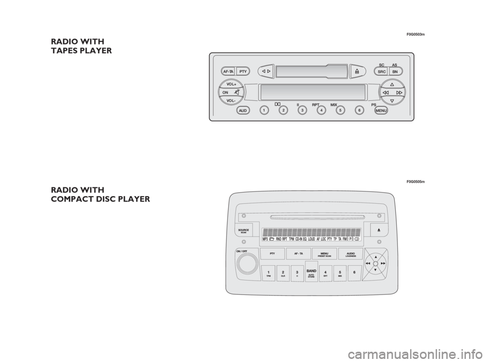 FIAT PANDA 2007 169 / 2.G Radio CD Tape Manual RADIO WITH
TAPES PLAYER
RADIO WITH
COMPACT DISC PLAYER
F0G0503m
F0G0505m
001-050 ING 21-06-2007 15:48 Pagina 1 FIAT PANDA 2007 169 / 2.G Radio CD Tape Manual RADIO WITH
TAPES PLAYER
RADIO WITH
COMPACT DISC PLAYER
F0G0503m
F0G0505m
001-050 ING 21-06-2007 15:48 Pagina 1