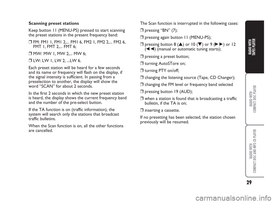 FIAT PANDA 2007 169 / 2.G Radio CD Tape Manual Scanning preset stations
Keep button 11 (MENU-PS) pressed to start scanning
the preset stations in the present frequency band:
❒FM: FM1 1, FM1 2,... FM1 6, FM2 1, FM2 2,... FM2 6,
FMT 1, FMT 2,... F FIAT PANDA 2007 169 / 2.G Radio CD Tape Manual Scanning preset stations
Keep button 11 (MENU-PS) pressed to start scanning
the preset stations in the present frequency band:
❒FM: FM1 1, FM1 2,... FM1 6, FM2 1, FM2 2,... FM2 6,
FMT 1, FMT 2,... F