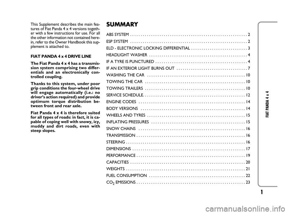 FIAT PANDA 2008 169 / 2.G 4x4 Supplement Manual 1
FIAT PANDA 4 x 4
This Supplement describes the main fea-
tures of Fiat Panda 4 x 4 versions togeth-
er with a few instructions for use. For all
the other information not contained here-
in, refer to