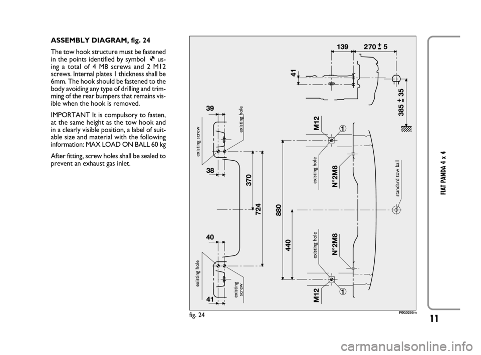 FIAT PANDA 2008 169 / 2.G 4x4 Supplement Manual 11
FIAT PANDA 4 x 4
ASSEMBLY DIAGRAM, fig. 24
The tow hook structure must be fastened
in the points identified by symbol Øus-
ing a total of 4 M8 screws and 2 M12
screws. Internal plates 1 thickness FIAT PANDA 2008 169 / 2.G 4x4 Supplement Manual 11
FIAT PANDA 4 x 4
ASSEMBLY DIAGRAM, fig. 24
The tow hook structure must be fastened
in the points identified by symbol Øus-
ing a total of 4 M8 screws and 2 M12
screws. Internal plates 1 thickness