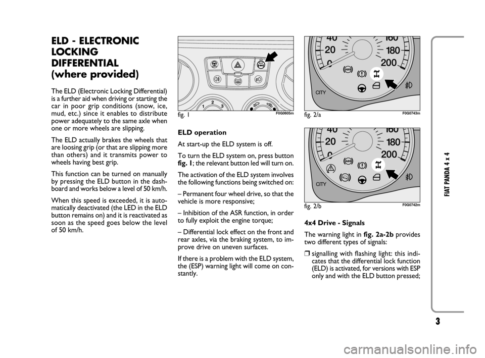 FIAT PANDA 2008 169 / 2.G 4x4 Supplement Manual 3
FIAT PANDA 4 x 4
ELD - ELECTRONIC
LOCKING
DIFFERENTIAL
(where provided)
The ELD (Electronic Locking Differential)
is a further aid when driving or starting the
car in poor grip conditions (snow, ice FIAT PANDA 2008 169 / 2.G 4x4 Supplement Manual 3
FIAT PANDA 4 x 4
ELD - ELECTRONIC
LOCKING
DIFFERENTIAL
(where provided)
The ELD (Electronic Locking Differential)
is a further aid when driving or starting the
car in poor grip conditions (snow, ice