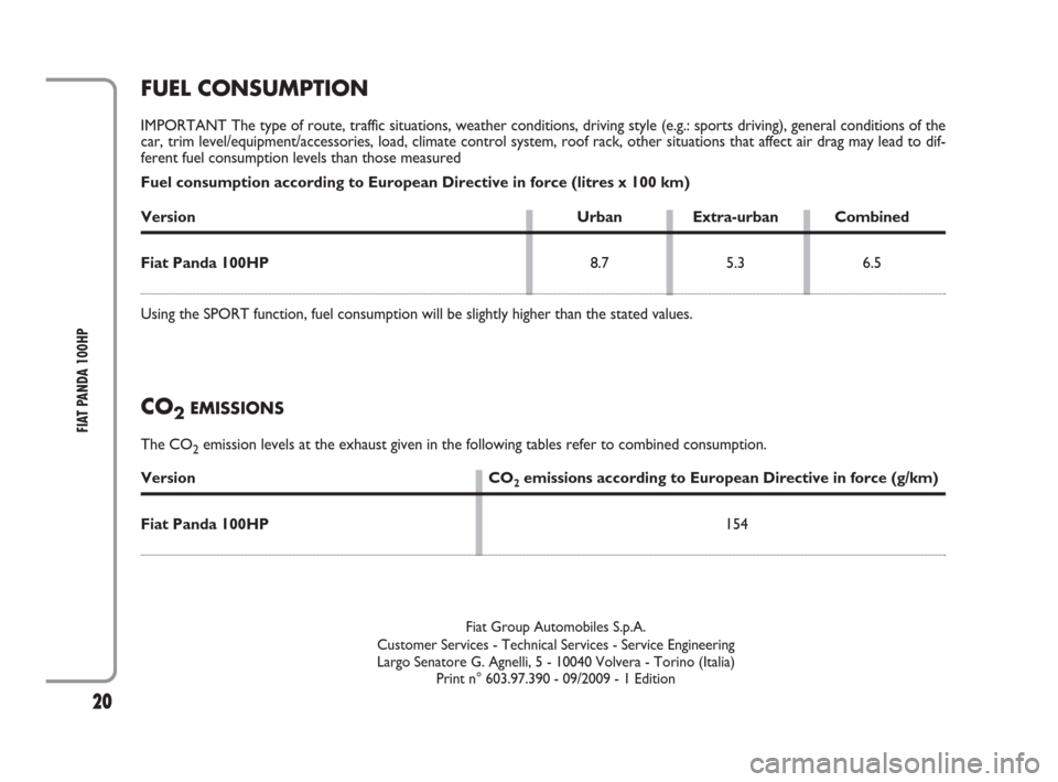 FIAT PANDA 2009 169 / 2.G 100HP Supplement Manual 20
FIAT PANDA 100HP
FUEL CONSUMPTION
IMPORTANT The type of route, traffic situations, weather conditions, driving style (e.g.: sports driving), general conditions of the
car, trim level/equipment/acce