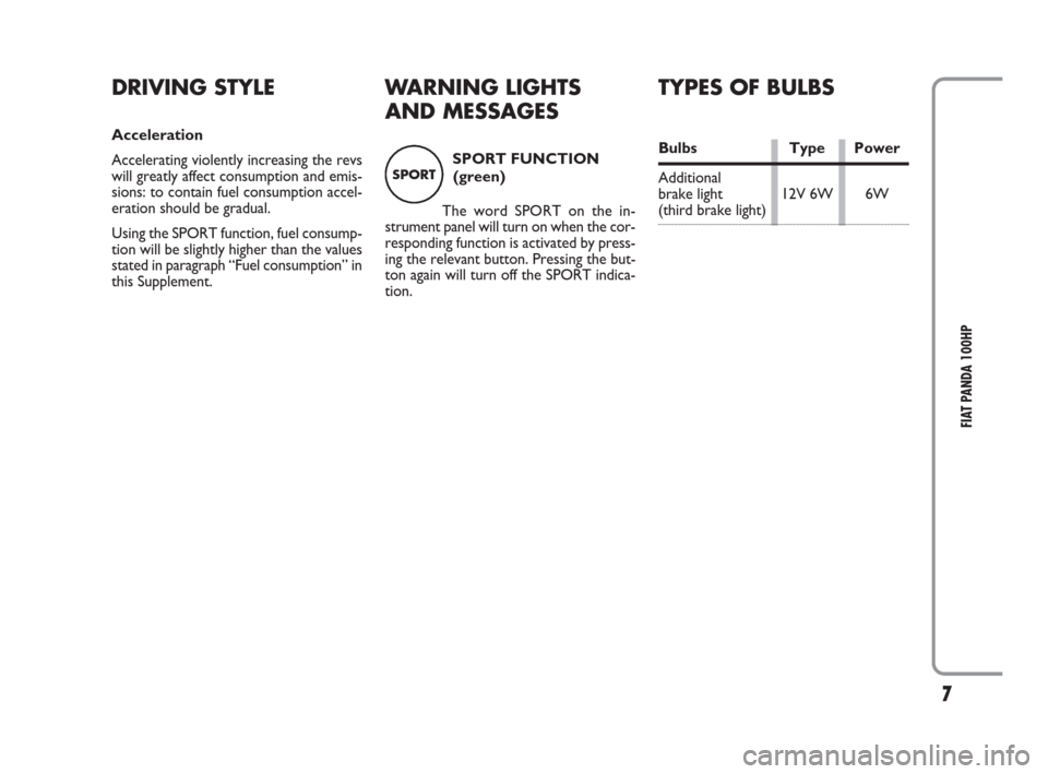 FIAT PANDA 2009 169 / 2.G 100HP Supplement Manual 7
FIAT PANDA 100HP
DRIVING STYLE
Acceleration
Accelerating violently increasing the revs
will greatly affect consumption and emis-
sions: to contain fuel consumption accel-
eration should be gradual.
