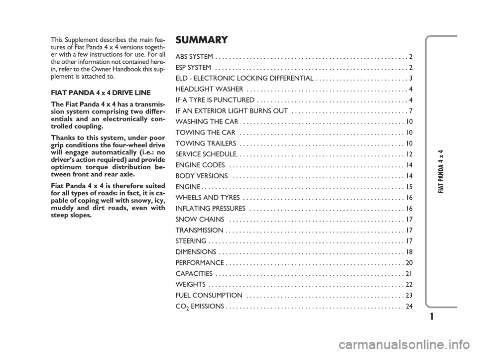 FIAT PANDA 2009 169 / 2.G 4x4 Supplement Manual 1
FIAT PANDA 4 x 4
This Supplement describes the main fea-
tures of Fiat Panda 4 x 4 versions togeth-
er with a few instructions for use. For all
the other information not contained here-
in, refer to