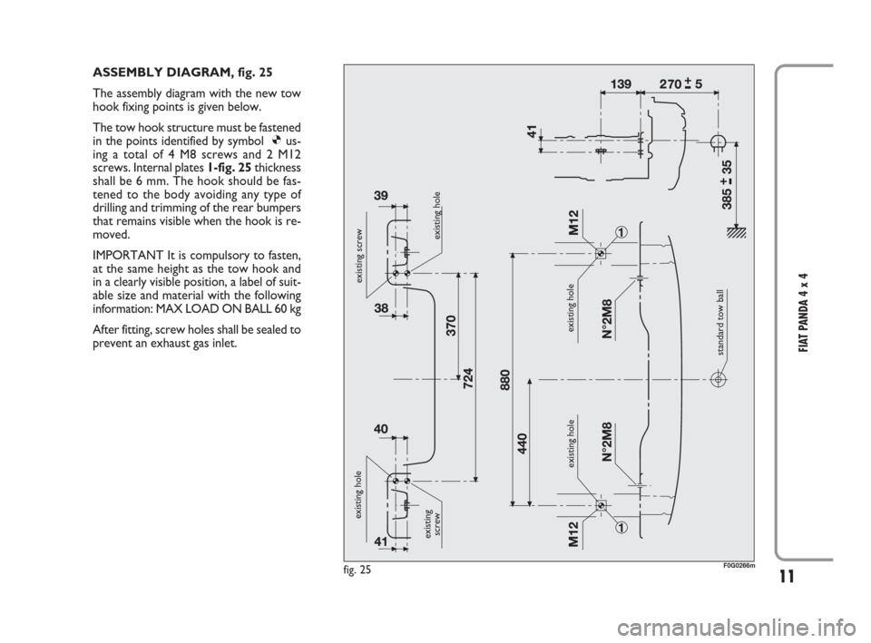 FIAT PANDA 2009 169 / 2.G 4x4 Supplement Manual 11
FIAT PANDA 4 x 4
ASSEMBLY DIAGRAM, fig. 25
The assembly diagram with the new tow
hook fixing points is given below.
The tow hook structure must be fastened
in the points identified by symbol Øus- FIAT PANDA 2009 169 / 2.G 4x4 Supplement Manual 11
FIAT PANDA 4 x 4
ASSEMBLY DIAGRAM, fig. 25
The assembly diagram with the new tow
hook fixing points is given below.
The tow hook structure must be fastened
in the points identified by symbol Øus-