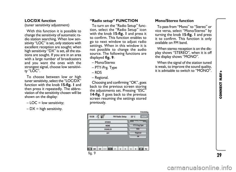 FIAT PANDA 2009 169 / 2.G Connect NavPlus Manual 29
CONNECT NAV+
LOC/DX function
(tuner sensitivity adjustment)
With this function it is possible to
change the sensitivity of automatic ra-
dio station searching. When low sen-
sitivity “LOC” is FIAT PANDA 2009 169 / 2.G Connect NavPlus Manual 29
CONNECT NAV+
LOC/DX function
(tuner sensitivity adjustment)
With this function it is possible to
change the sensitivity of automatic ra-
dio station searching. When low sen-
sitivity “LOC” is