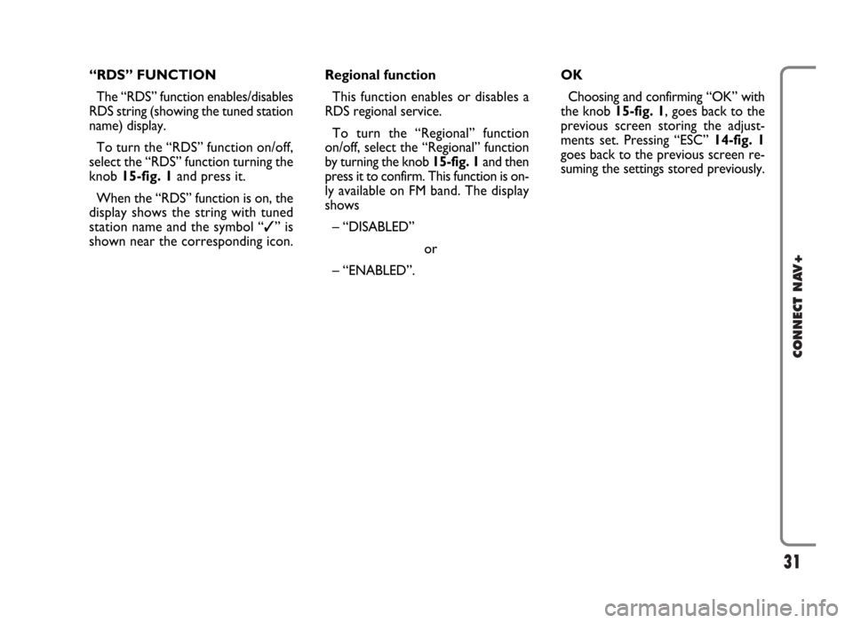 FIAT PANDA 2009 169 / 2.G Connect NavPlus Manual 31
CONNECT NAV+
“RDS” FUNCTION
The “RDS” function enables/disables
RDS string (showing the tuned station
name) display.
To turn the “RDS” function on/off,
select the “RDS” function tur