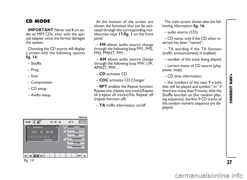 FIAT PANDA 2009 169 / 2.G Connect NavPlus Manual CD MODE
IMPORTANTNever use 8 cm au-
dio or MP3 CDs, even with the spe-
cial adapter, since this format damages
the system.
Choosing the CD source will display
a screen with the following options
fig. FIAT PANDA 2009 169 / 2.G Connect NavPlus Manual CD MODE
IMPORTANTNever use 8 cm au-
dio or MP3 CDs, even with the spe-
cial adapter, since this format damages
the system.
Choosing the CD source will display
a screen with the following options
fig.