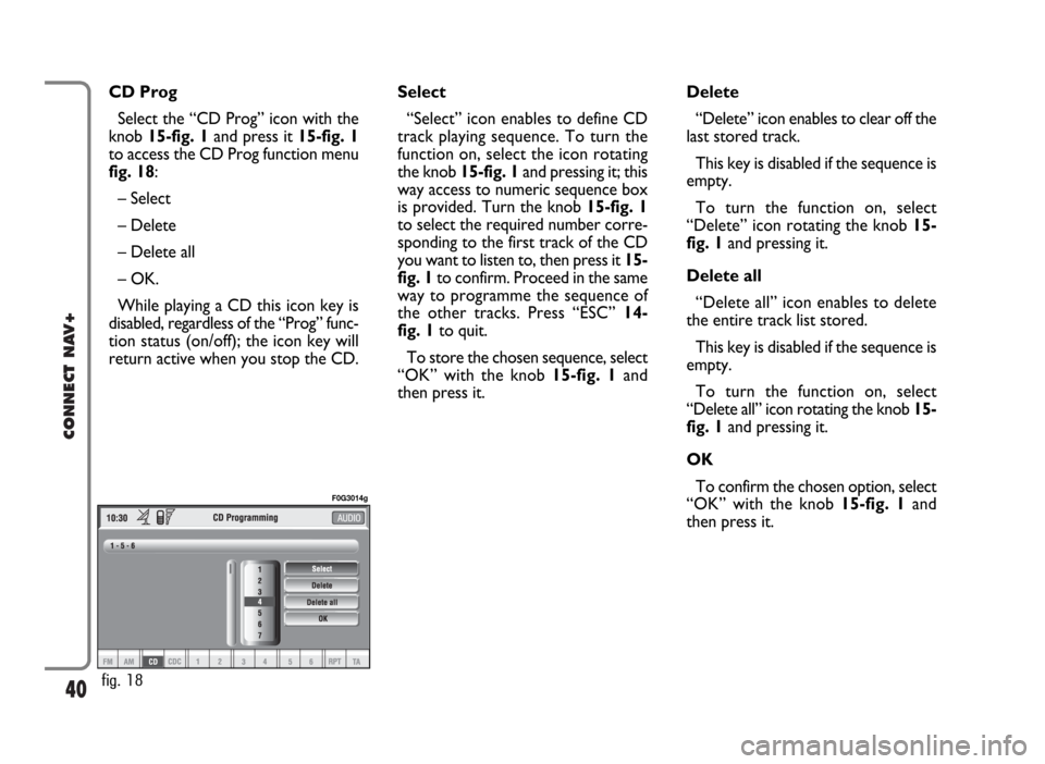 FIAT PANDA 2009 169 / 2.G Connect NavPlus Manual 40
CONNECT NAV+
CD Prog
Select the “CD Prog” icon with the
knob 15-fig. 1and press it 15-fig. 1
to access the CD Prog function menu
fig. 18:
– Select
– Delete
– Delete all
– OK.
While play FIAT PANDA 2009 169 / 2.G Connect NavPlus Manual 40
CONNECT NAV+
CD Prog
Select the “CD Prog” icon with the
knob 15-fig. 1and press it 15-fig. 1
to access the CD Prog function menu
fig. 18:
– Select
– Delete
– Delete all
– OK.
While play