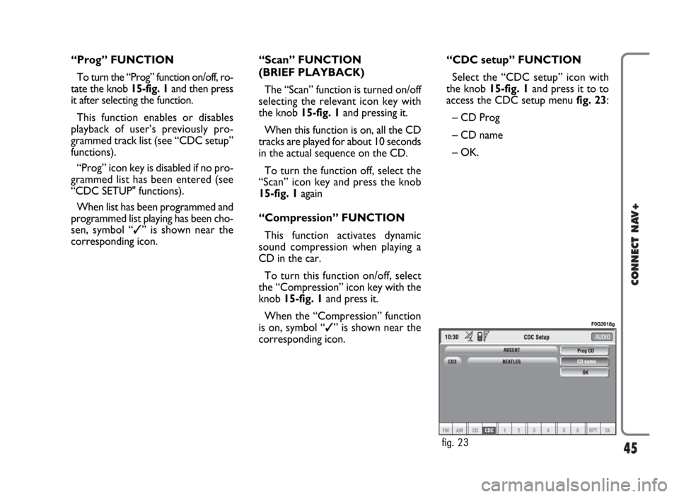 FIAT PANDA 2009 169 / 2.G Connect NavPlus Manual 45
CONNECT NAV+
“Prog” FUNCTION
To turn the “Prog” function on/off, ro-
tate the knob 15-fig. 1 and then press
it after selecting the function.
This function enables or disables
playback of us