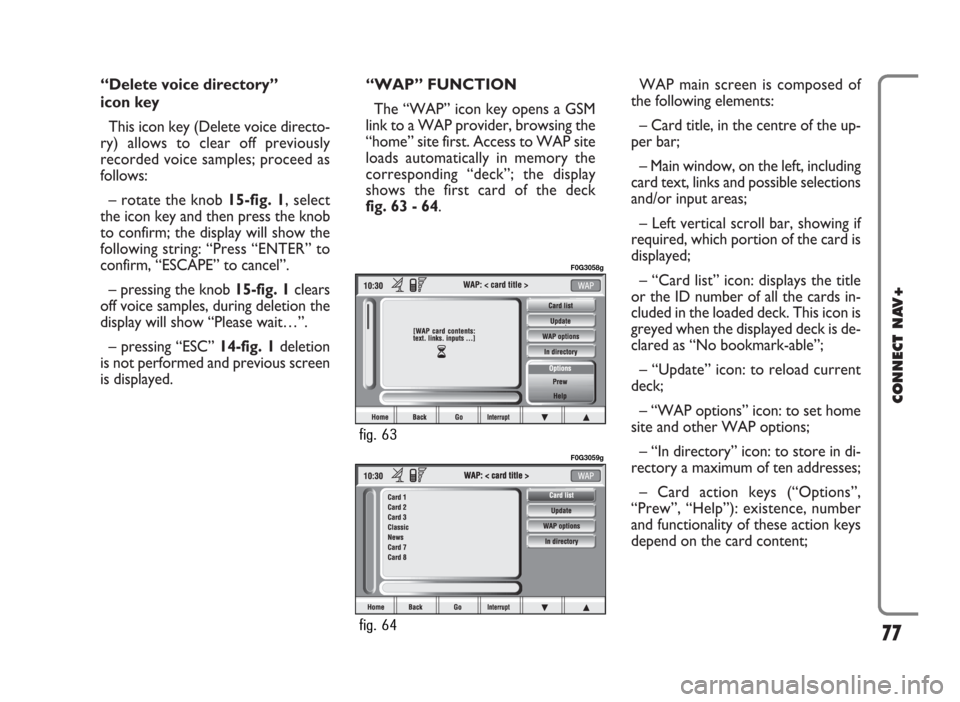 FIAT PANDA 2009 169 / 2.G Connect NavPlus Manual “Delete voice directory” 
icon key
This icon key (Delete voice directo-
ry) allows to clear off previously
recorded voice samples; proceed as
follows:
– rotate the knob 15-fig. 1, select
the ico