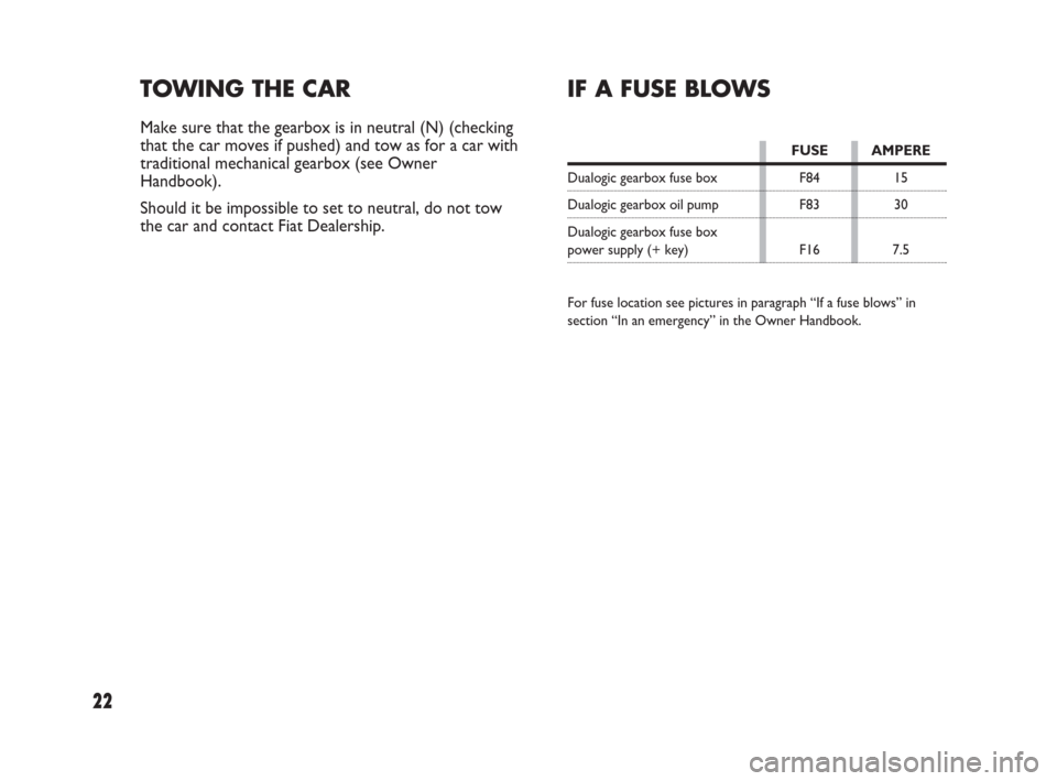 FIAT PANDA 2009 169 / 2.G Dualogic Transmission Manual 22
TOWING THE CAR
Make sure that the gearbox is in neutral (N) (checking
that the car moves if pushed) and tow as for a car with
traditional mechanical gearbox (see Owner
Handbook).
Should it be impos