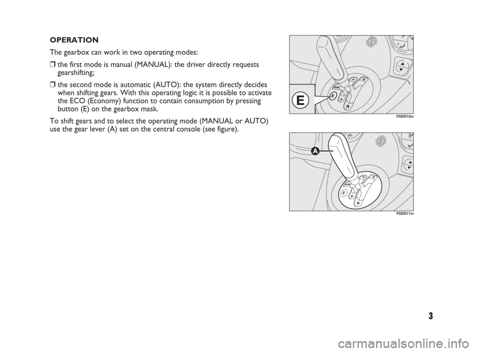 FIAT PANDA 2009 169 / 2.G Dualogic Transmission Manual 3
OPERATION
The gearbox can work in two operating modes:
❒the first mode is manual (MANUAL): the driver directly requests
gearshifting;
❒the second mode is automatic (AUTO): the system directly d FIAT PANDA 2009 169 / 2.G Dualogic Transmission Manual 3
OPERATION
The gearbox can work in two operating modes:
❒the first mode is manual (MANUAL): the driver directly requests
gearshifting;
❒the second mode is automatic (AUTO): the system directly d