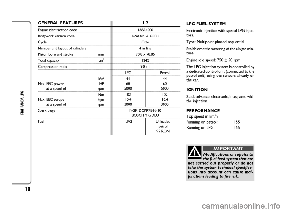 FIAT PANDA 2009 169 / 2.G LPG Supplement Manual 18
FIAT PANDA LPG
LPG FUEL SYSTEM
Electronic injection with special LPG injec-
tors.
Type: Multipoint phased sequential.
Stoichiometric metering of the air/gas mix-
ture.
Engine idle speed: 750 ± 5 FIAT PANDA 2009 169 / 2.G LPG Supplement Manual 18
FIAT PANDA LPG
LPG FUEL SYSTEM
Electronic injection with special LPG injec-
tors.
Type: Multipoint phased sequential.
Stoichiometric metering of the air/gas mix-
ture.
Engine idle speed: 750 ± 5