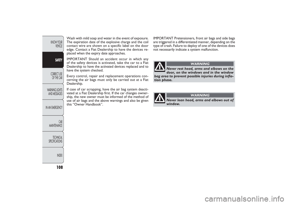 FIAT PANDA 2009 169 / 2.G Owners Manual 108
KNOW YOUR 
VEHICLE
SAFETY
CORRECT USE 
OF THE CAR
WARNING LIGHTS
AND MESSAGES
IN AN EMERGENCY
CAR
MAINTENANCE
TECHNICAL
SPECIFICATIONS
INDEX
Wash with mild soap and water in the event of exposure.