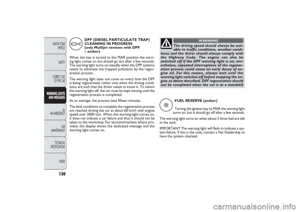 FIAT PANDA 2009 169 / 2.G Owners Manual 130
KNOW YOUR 
VEHICLE
SAFETY
CORRECT USE
OF THE CAR
WARNING LIGHTS
AND MESSAGES
IN
AN EMERGENCY
CAR
MAINTENANCE
TECHNICAL
SPECIFICATIONS
INDEX
FUEL RESERVE (amber)
Turning the ignition key to MAR the