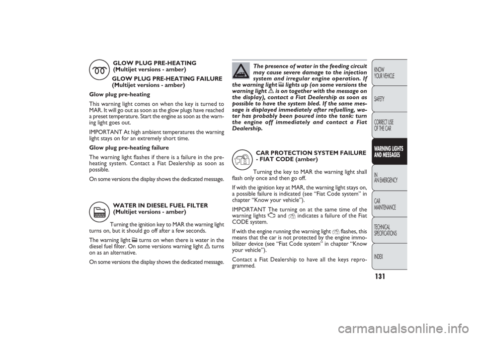 FIAT PANDA 2009 169 / 2.G Service Manual 131KNOW
YOUR VEHICLE
SAFETY
CORRECT USE 
OF THE CARWARNING LIGHTS
AND MESSAGESIN
AN EMERGENCY
CAR
MAINTENANCE
TECHNICAL
SPECIFICATIONS
INDEX
CAR PROTECTION SYSTEM FAILURE
- FIAT CODE (amber)
Turning t