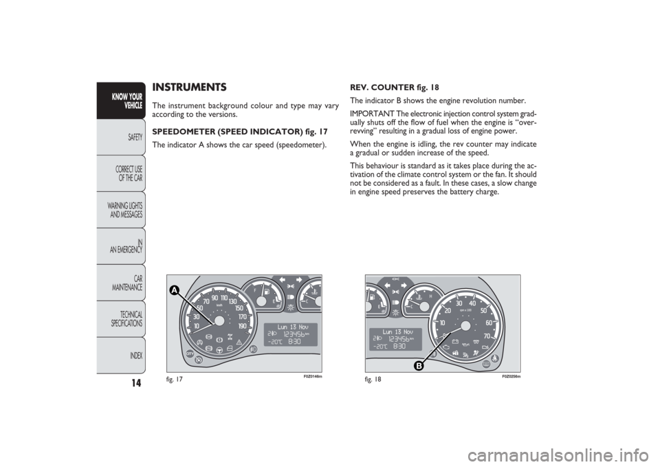 FIAT PANDA 2009 169 / 2.G Owners Manual 14
KNOW YOUR 
VEHICLE
SAFETY
CORRECT USE 
OF THE CAR
WARNING LIGHTS
AND MESSAGES
IN
AN EMERGENCY
CAR
MAINTENANCE
TECHNICAL
SPECIFICATIONS
INDEX
F0Z0146m
fig. 17
F0Z0256m
fig. 18
REV. COUNTER fig. 18
T