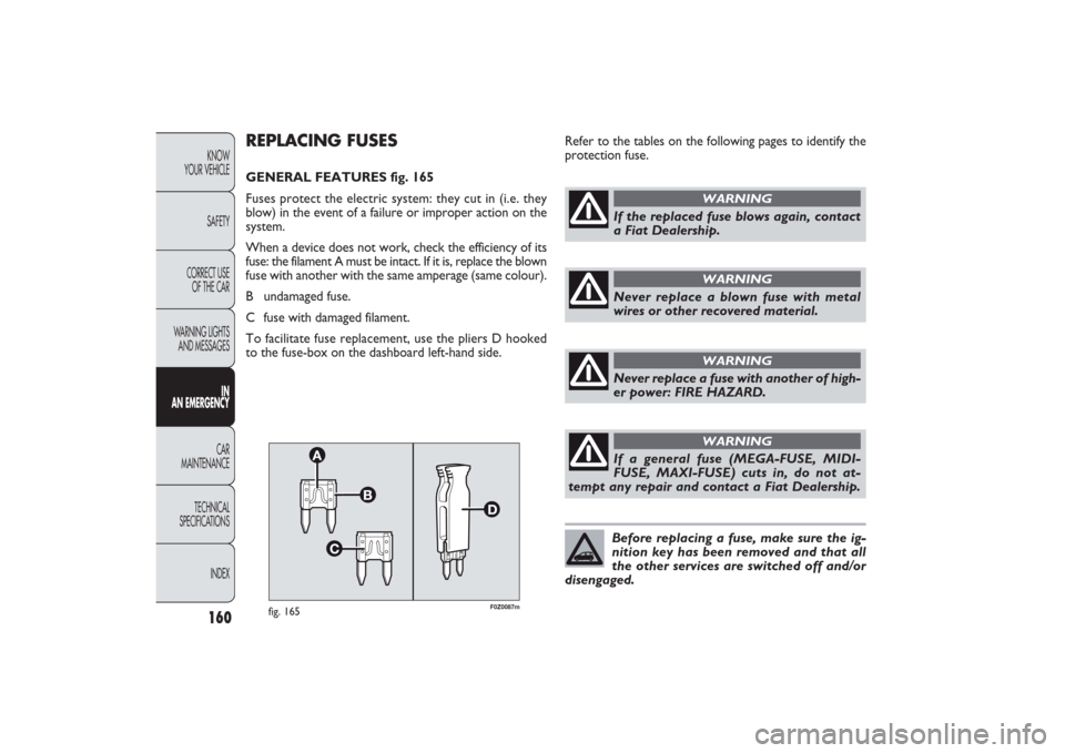 FIAT PANDA 2009 169 / 2.G Owners Manual 160KNOW
YOUR VEHICLE
SAFETY
CORRECT USE 
OF THE CAR
WARNING LIGHTS
AND MESSAGES
IN
AN EMERGENCYCAR
MAINTENANCE
TECHNICAL
SPECIFICATIONS
INDEX
F0Z0087m
fig. 165
Refer to the tables on the following pag