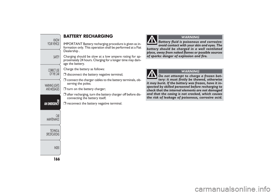 FIAT PANDA 2009 169 / 2.G Owners Manual 166KNOW
YOUR VEHICLE
SAFETY
CORRECT USE 
OF THE CAR
WARNING LIGHTS
AND MESSAGES
IN
AN EMERGENCYCAR
MAINTENANCE
TECHNICAL
SPECIFICATIONS
INDEX
BATTERY RECHARGINGIMPORTANT Battery recharging procedure i